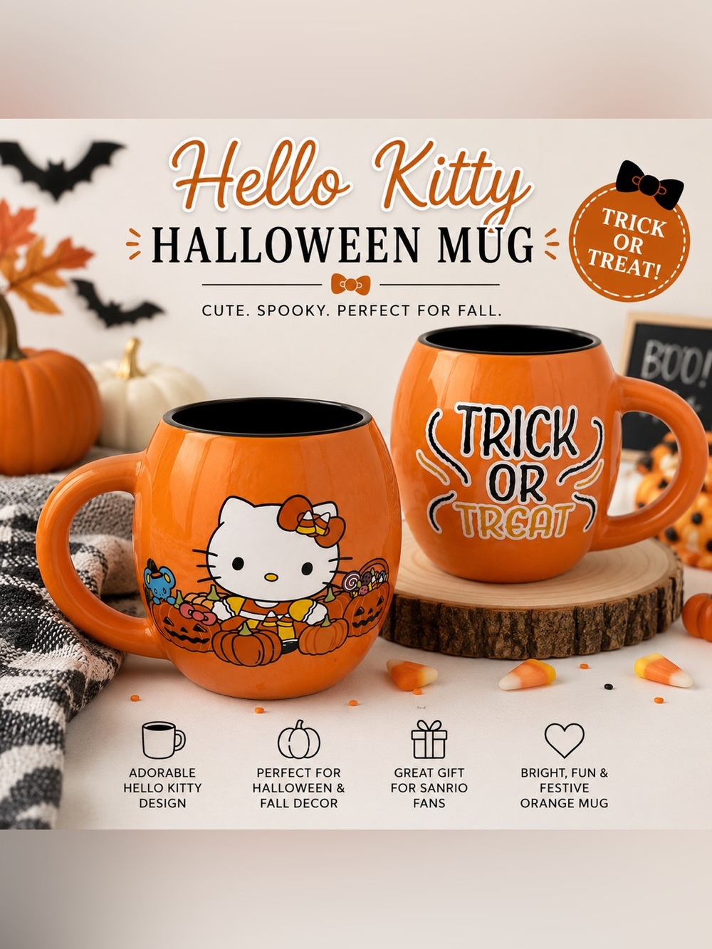Hello Kitty Orange and Black Halloween Pumpkin Ceramic Mug